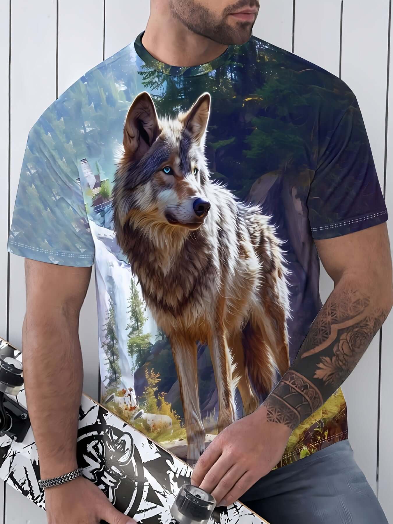 Men's 3D Wolf Print T-Shirt, with Nature-Inspired Design, Quick-dry Fabric