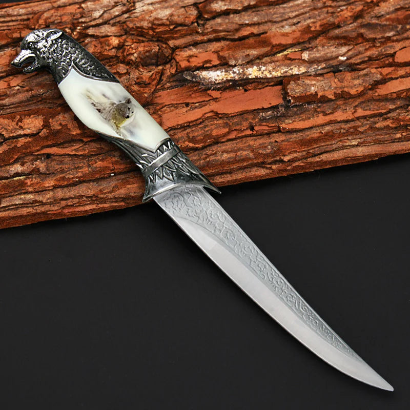 Decorative 13" Wolf-Themed Fixed Blade Collector's Knife With Plastic Stand