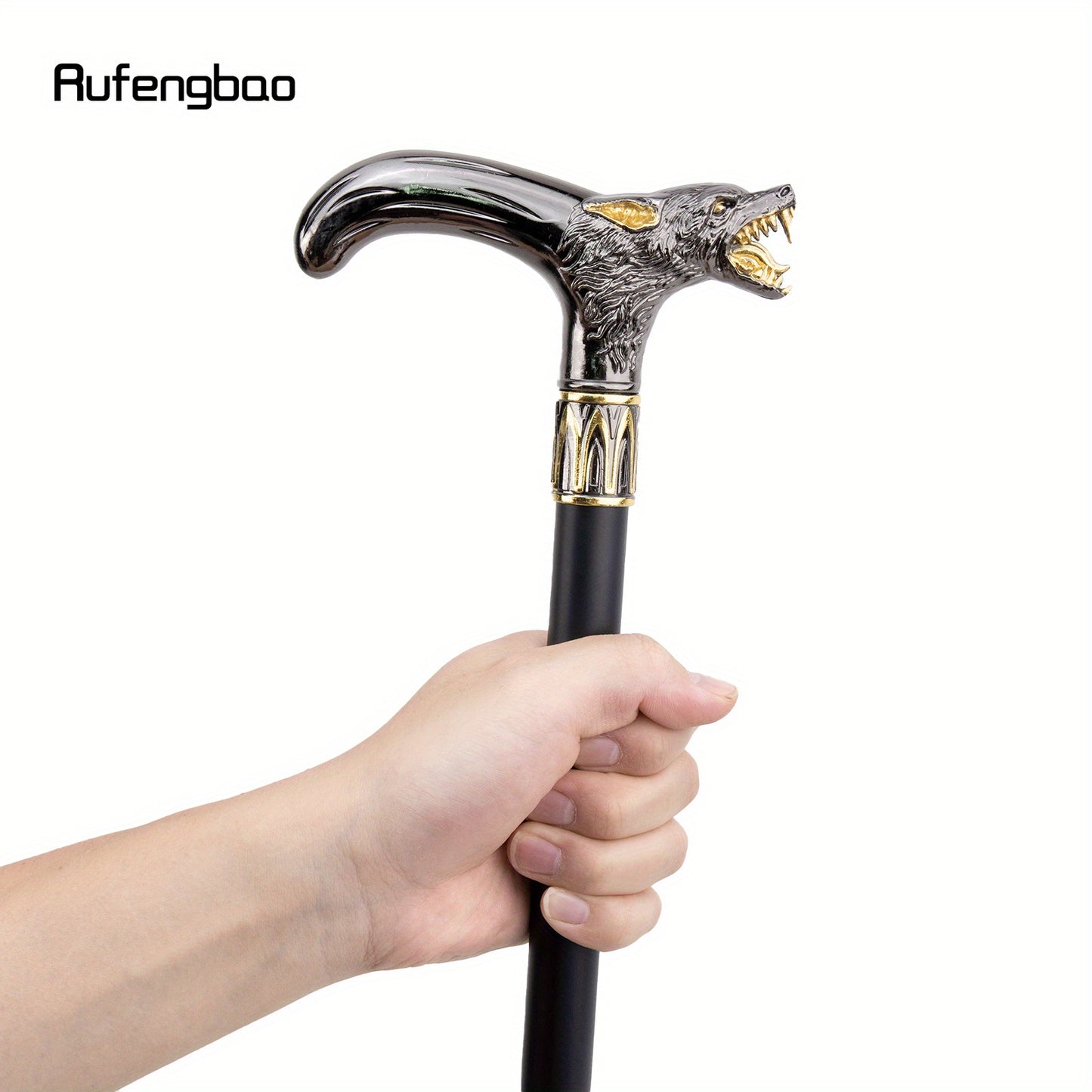 Golden Black Wolf Head Biting Walking Cane