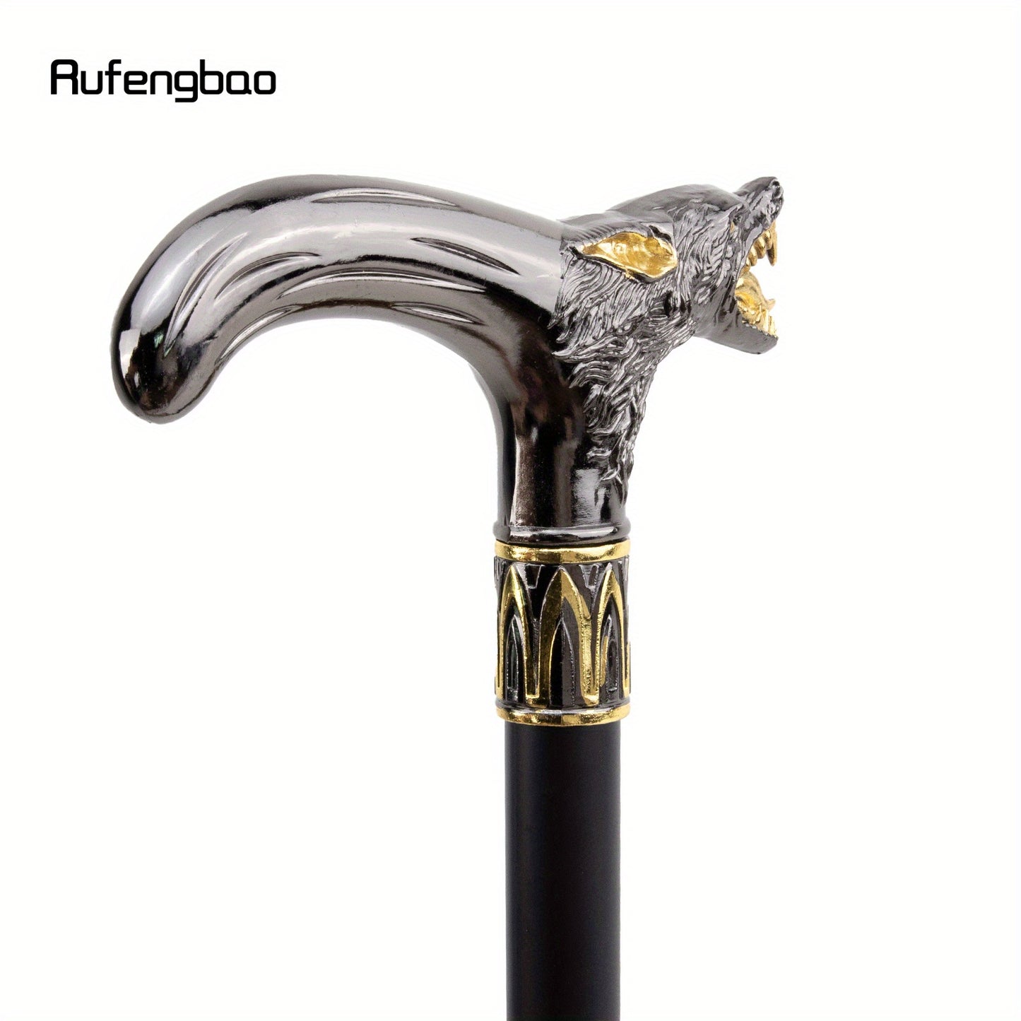 Golden Black Wolf Head Biting Walking Cane