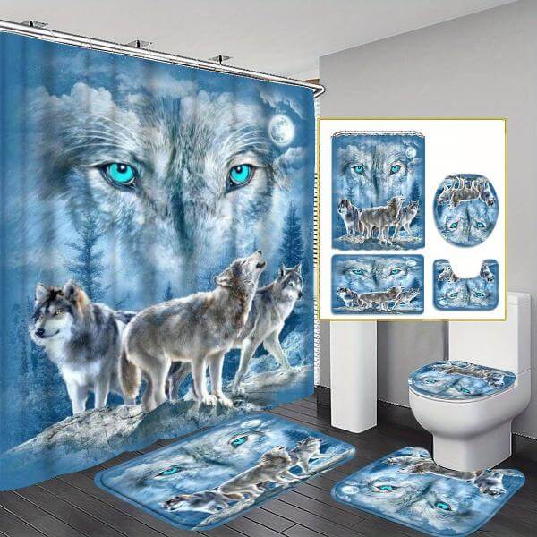 4pcs Wolf Shower Curtains with Waterproof, 3-Piece Toilet and Floor Mat