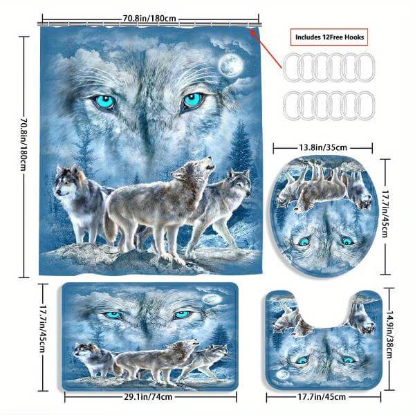 4pcs Wolf Shower Curtains with Waterproof, 3-Piece Toilet and Floor Mat