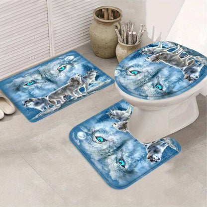 4pcs Wolf Shower Curtains with Waterproof, 3-Piece Toilet and Floor Mat