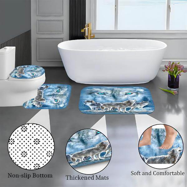 4pcs Wolf Shower Curtains with Waterproof, 3-Piece Toilet and Floor Mat