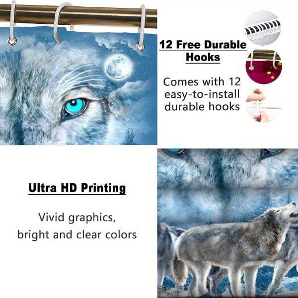 4pcs Wolf Shower Curtains with Waterproof, 3-Piece Toilet and Floor Mat