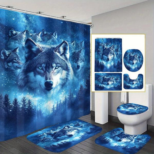 Wolf Pattern Shower Curtain Washable Waterproof Bathroom Set 1pc/4pcs