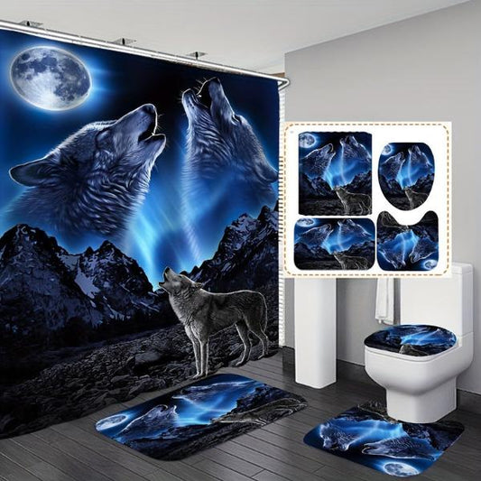 1pc/3pc/4pc 3D Wolf Digital Printed Shower Curtain, Seasonal Scenic Theme