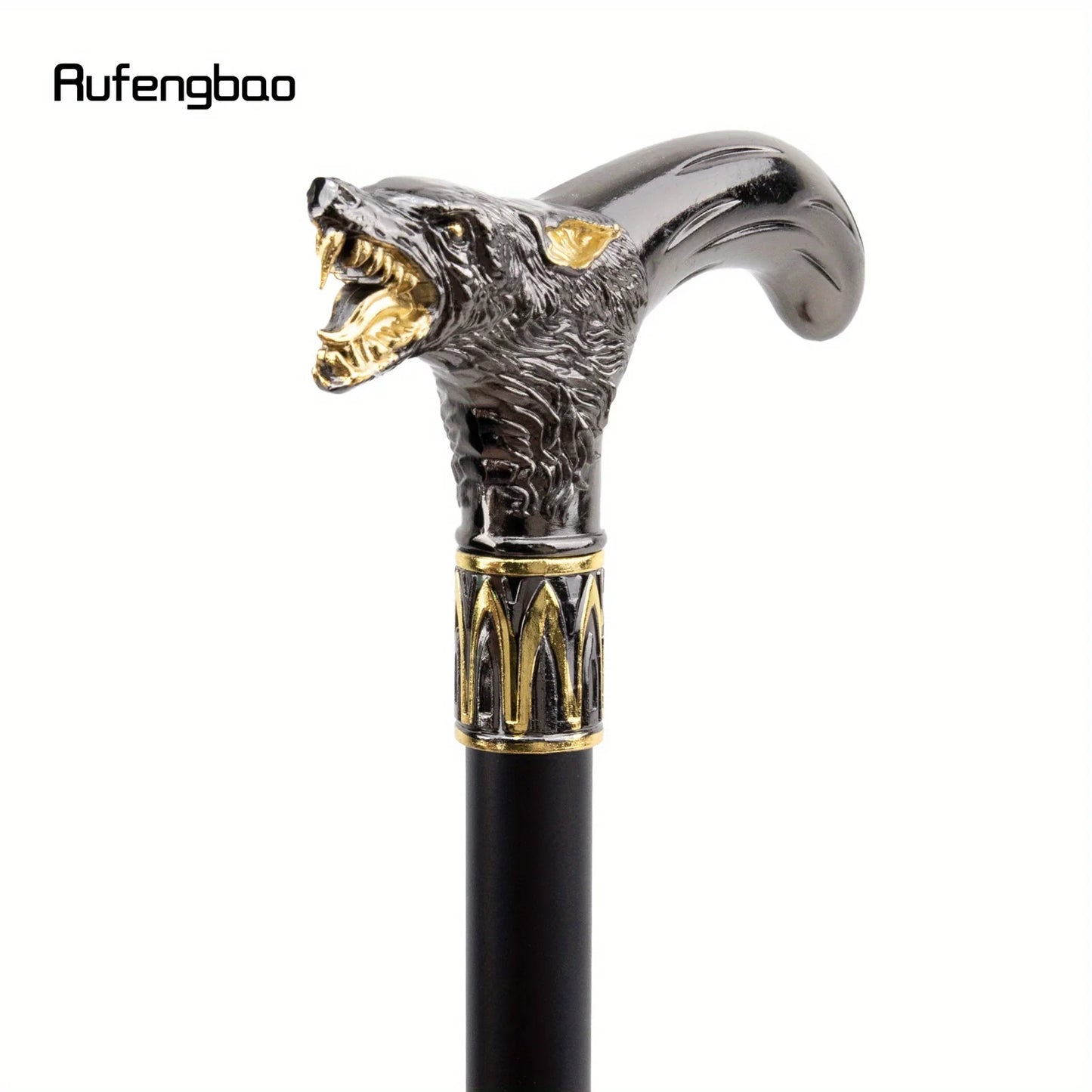 Golden Black Wolf Head Biting Walking Cane