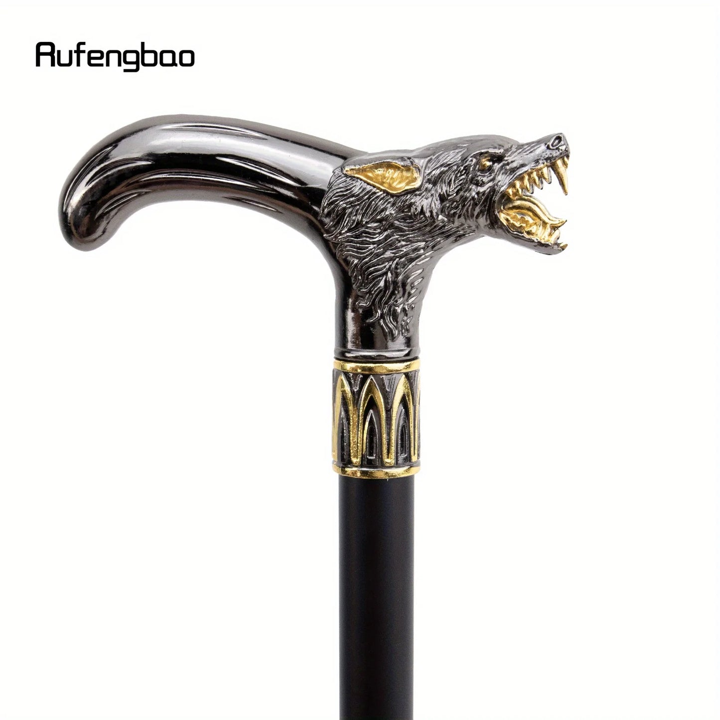 Golden Black Wolf Head Biting Walking Cane