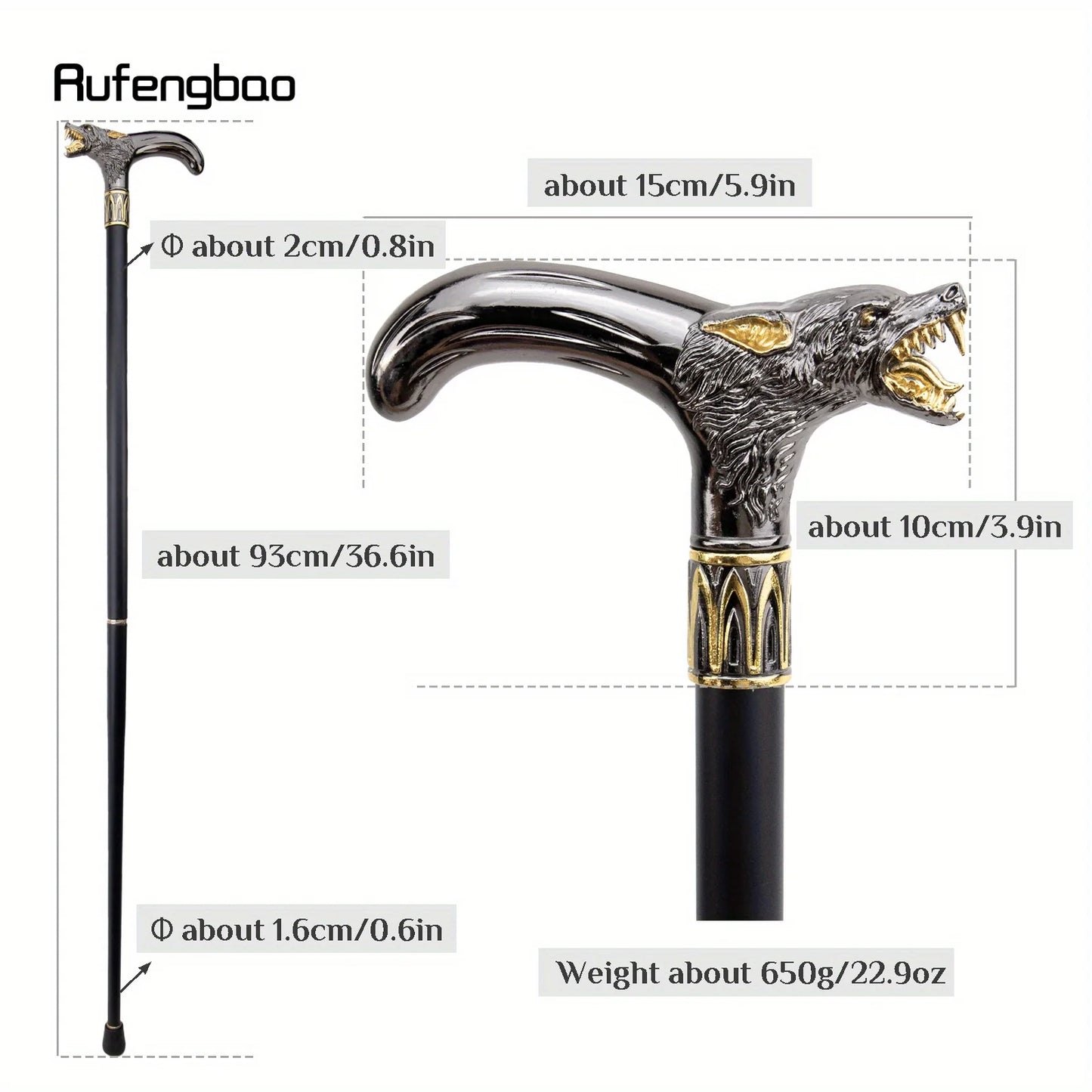 Golden Black Wolf Head Biting Walking Cane