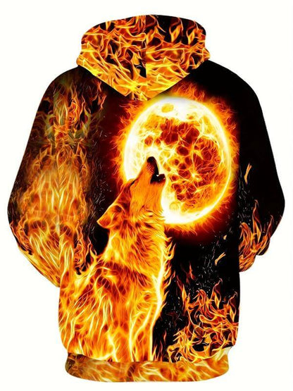 1pc Fashion Hoodie, 3D Printed High-Definition Fire Wolf and Moon Design