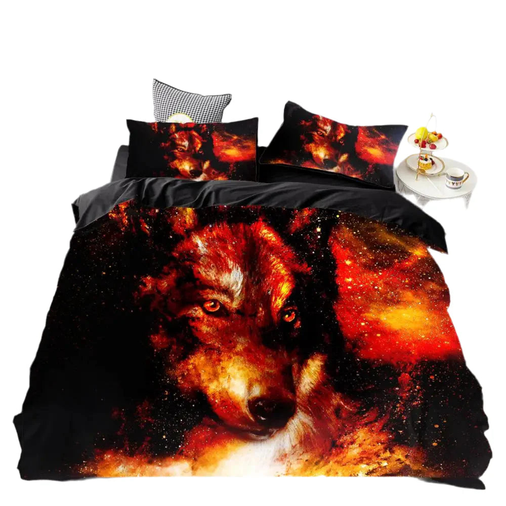 3D Printed Fire Wolf Bedding Set Custom, Duvet Cover Set