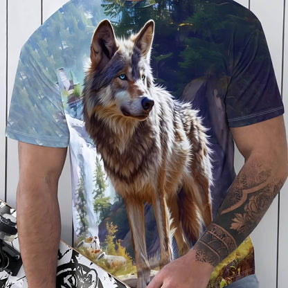 Men's 3D Wolf Print T-Shirt, with Nature-Inspired Design, Quick-dry Fabric