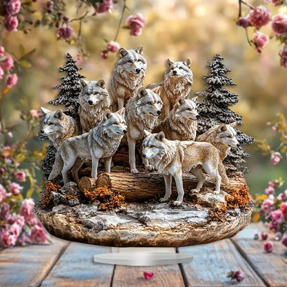 1pc Wolf Pack Sculpture with Stand, Tabletop Animal Themed Decorative Plaque