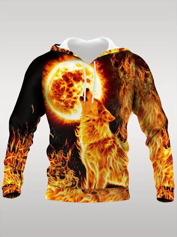 1pc Fashion Hoodie, 3D Printed High-Definition Fire Wolf and Moon Design