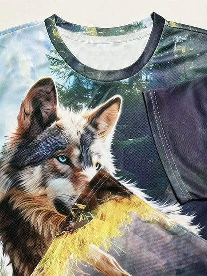 Men's 3D Wolf Print T-Shirt, with Nature-Inspired Design, Quick-dry Fabric