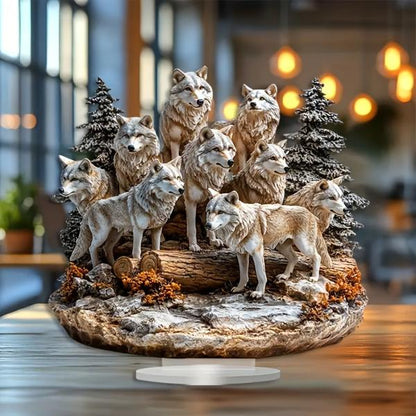 1pc Wolf Pack Sculpture with Stand, Tabletop Animal Themed Decorative Plaque