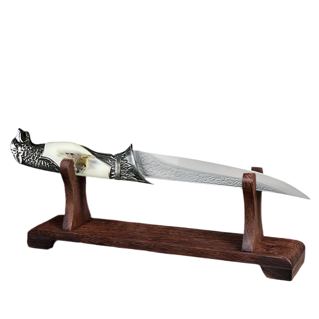 Decorative 13" Wolf-Themed Fixed Blade Collector's Knife With Plastic Stand