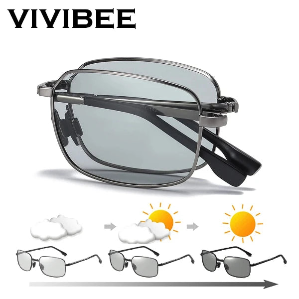 Folding Photochromic Sunglasses with Polarized Lens Rectangle Metal