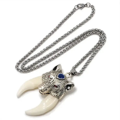 Men's Pendant Stainless Steel Necklace Tibetan Amulet Wolf Bone Fangs