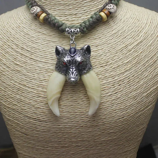 Wolf Tooth Necklace Man Pendant Power Jungle Wild Choker Charm Accessories|Benefits Metals Type: Tibetan silver Necklace Type: Pendant Necklaces Material: Bone Gender: Men Pendant Size: 4-4.5cm Chain Type: Rope Chain|Red Wolf Vision