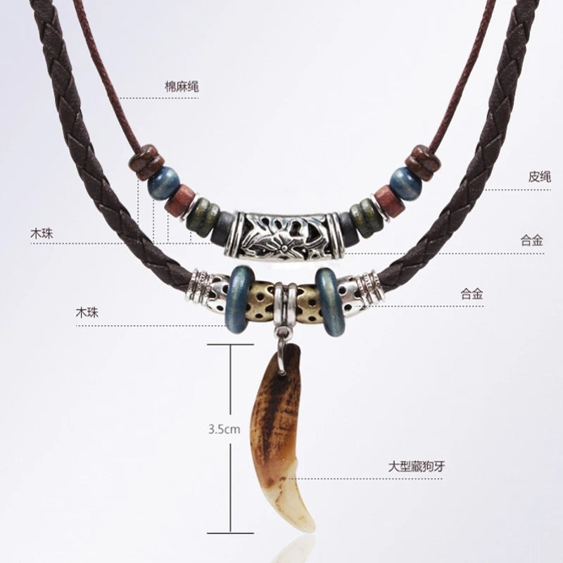 1PC Men Women's Goth Multi-layer Vintage Wolf Tooth Pendant|Benefits Chain Type: Rope Chain Material: Leather, Beads, Alloy Size: 45cm/17.71' Adjustable Quantity: 1pc necklace Gender: Unisex Type: Necklace Style: TRENDY Material: Wood Metals Type: zinc Al