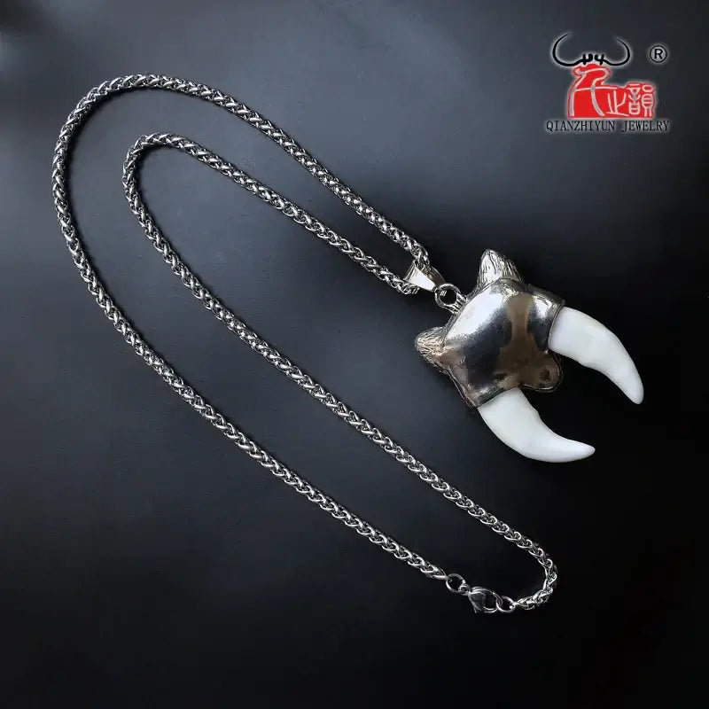 Men's Pendant Stainless Steel Necklace Tibetan Amulet Wolf Bone Fangs