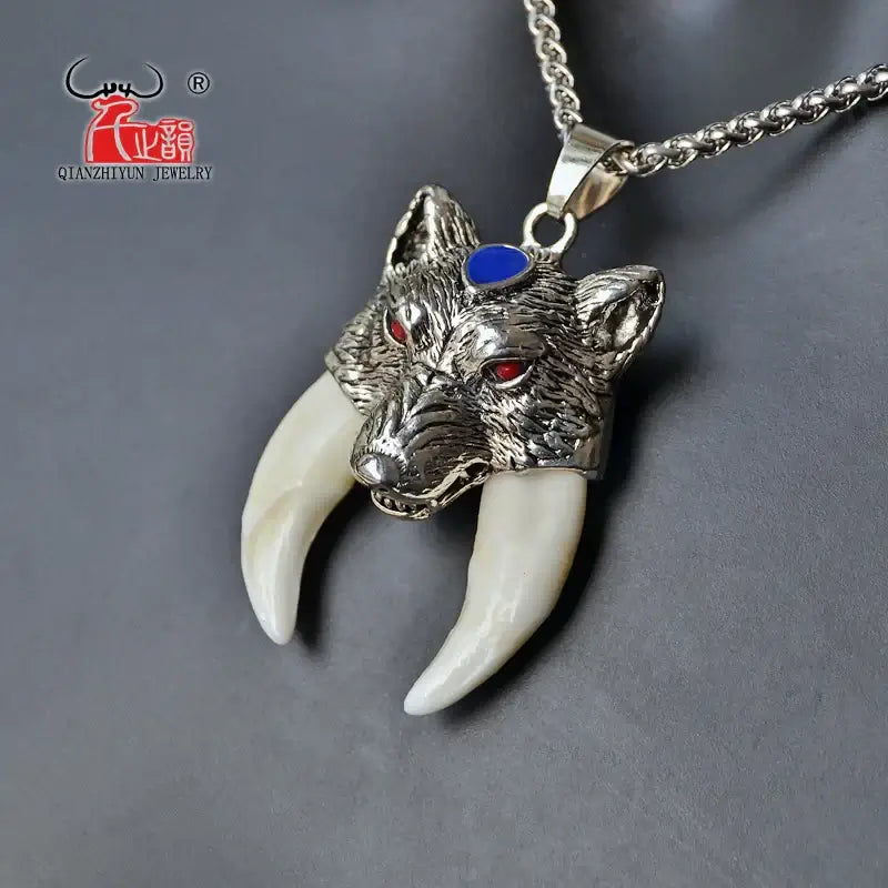 Men's Pendant Stainless Steel Necklace Tibetan Amulet Wolf Bone Fangs