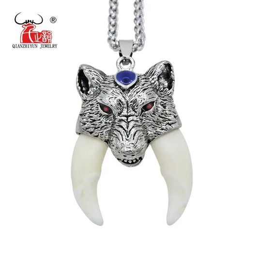 Men's Pendant Stainless Steel Necklace Tibetan Amulet Wolf Bone Fangs