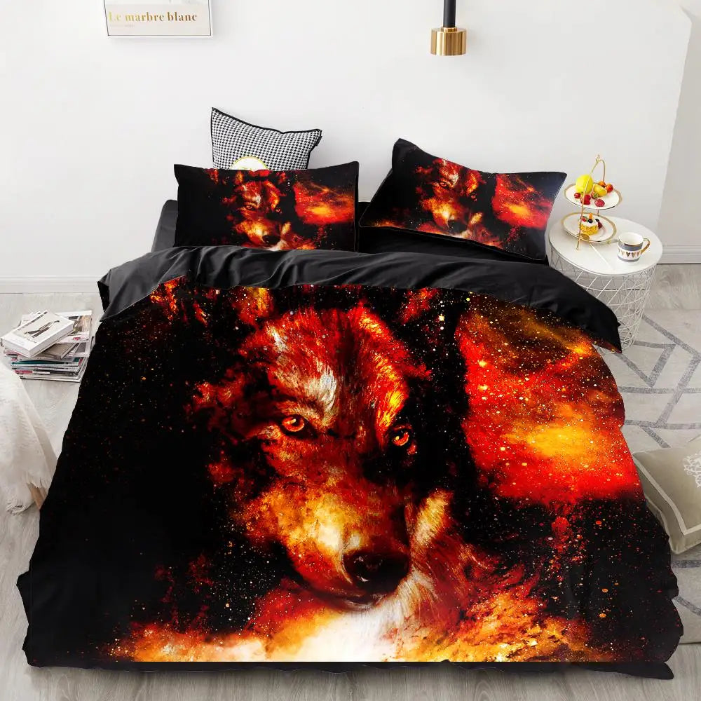 3D Printed Fire Wolf Bedding Set Custom, Duvet Cover Set|SPECIFICATIONS Type: Duvet Cover Sets Material: Microfiber Fabric Customized: Yes Grade: Quality Pattern: PRINTED Pattern Type: Wolf Style: Modern Style Use: Home Quantity: 3 pcs Color Fastness (Gra