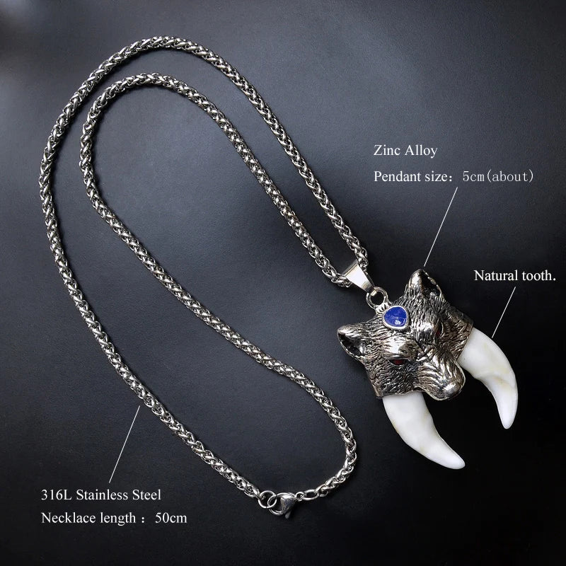 Men's Pendant Stainless Steel Necklace Tibetan Amulet Wolf Bone Fangs