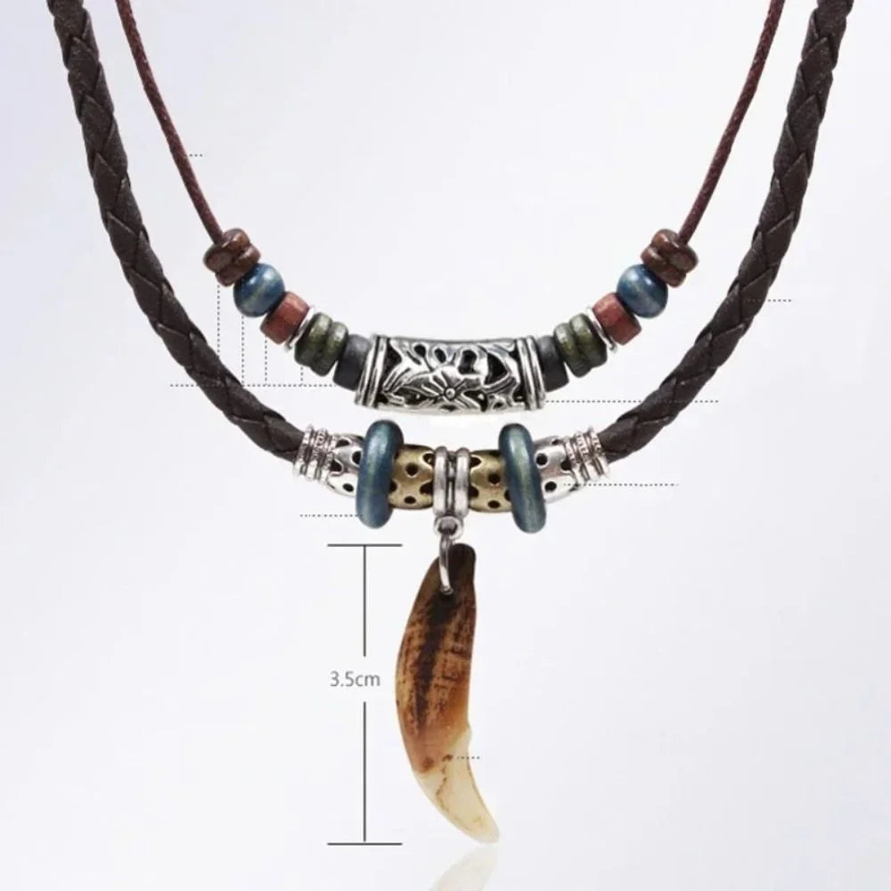 Goth Multi-layer Vintage Wolf Tooth Pendant Leather Beaded Weaved Prayer Necklace