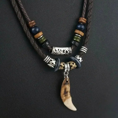 Goth Multi-layer Vintage Wolf Tooth Pendant Leather Beaded Weaved Prayer Necklace