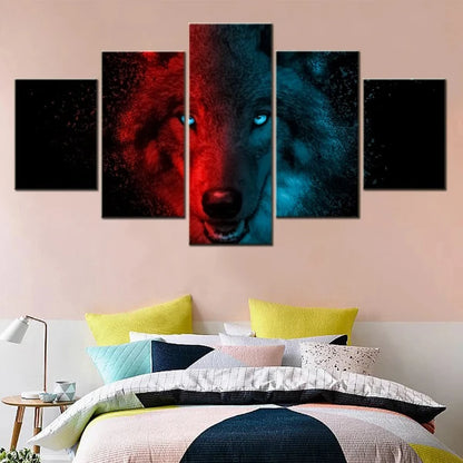 5 Pieces Red And Blue Wolf Picture Print Home Decorative Artwork, Benefits Type: Canvas Printings Style: Modern Style Subjects: Wolf Material: Canvas Form: Multi-picture Combination Support Base: Canvas Shape: Horizontal Rectangle Frame: No Medium: Waterp