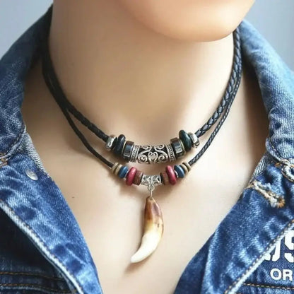 Goth Multi-layer Vintage Wolf Tooth Pendant Leather Beaded Weaved Prayer Necklace