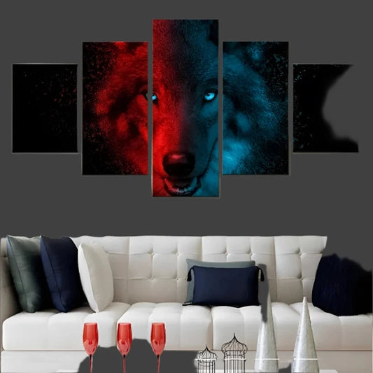 5 Pieces Red And Blue Wolf Picture Print Home Decorative Artwork, Benefits Type: Canvas Printings Style: Modern Style Subjects: Wolf Material: Canvas Form: Multi-picture Combination Support Base: Canvas Shape: Horizontal Rectangle Frame: No Medium: Waterp