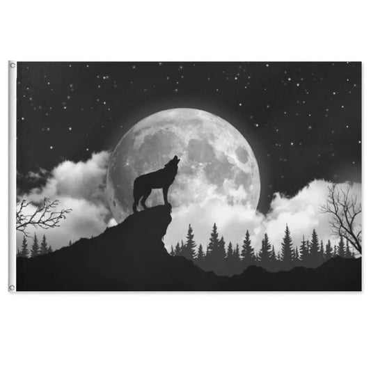 Howling Wolf on a Dark Cloudy Night Round Moon Flag