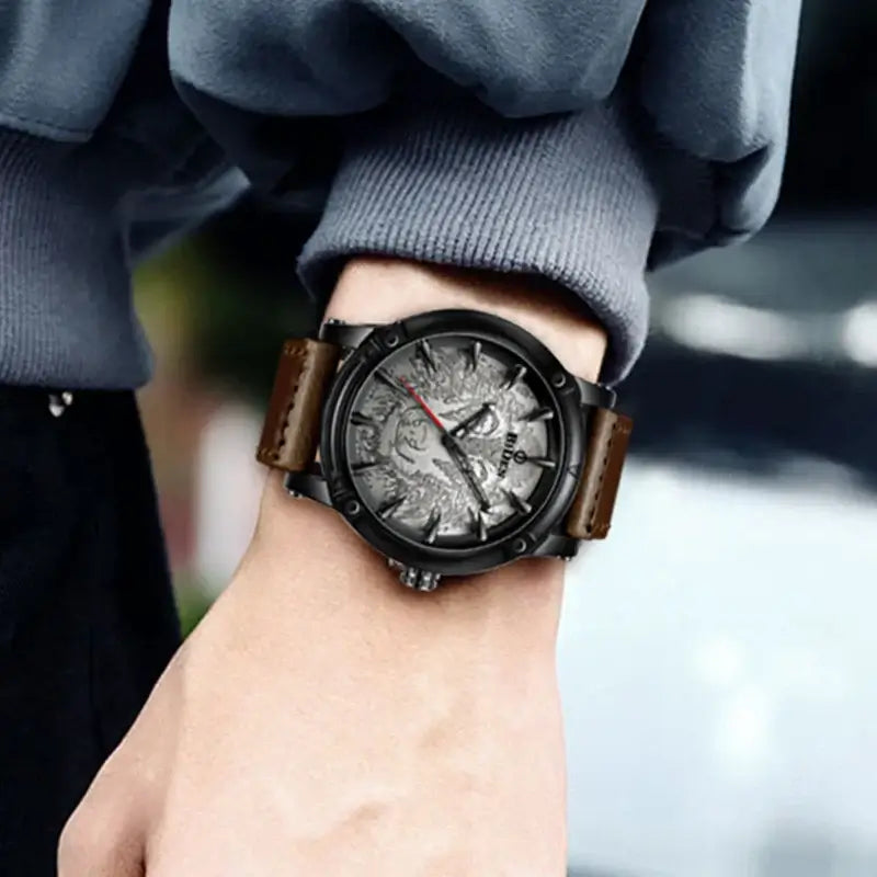 Punk Men's Quartz Movement Watch, Cool Wolf Pattern, Dial Leather Strap|SPECIFICATIONS Band Material Type: leather Style: Fashion & Casual Clasp Type: Buckle Movement: Quartz Water Resistance Depth: No Waterproof Case Material: ALLOY Case Shape: Round Ite