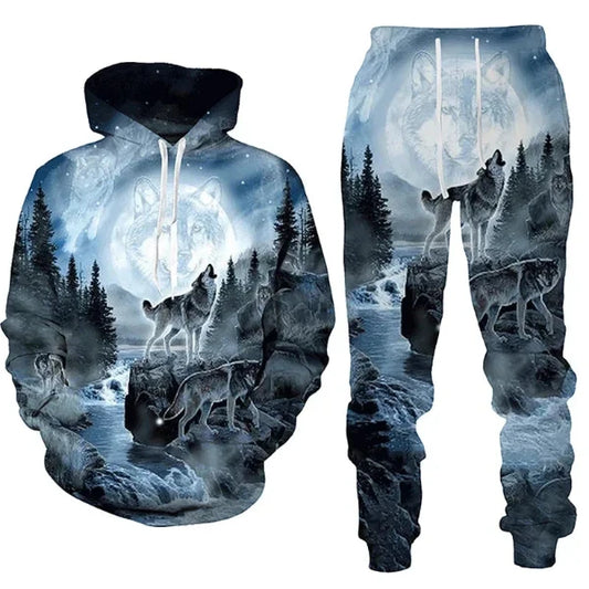 Forest Wolf 3d Printed Hoodie Suit Unisex Autumn, Winter, Casual Wear, Benefits Pattern Type: Animal Pant Closure Type: Drawstring Sleeve Length(cm): Full Material Composition: Polyester Decoration: Pockets Style: Casual Feature3: Wolf Tracksuit Feature2: