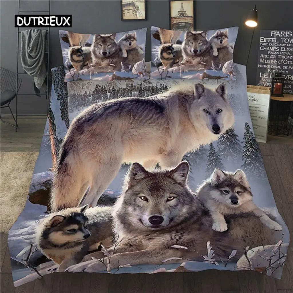 3D Printed Bedding Set Snow Wolf|SPECIFICATIONS High-Concerned Chemical: None Pattern Type: Print Material: Polyester / Cotton Pattern: PRINTED Customized: Yes Technique: Reactive Printing Quantity: 3 pcs Color Fastness (Grade): National Standards size 2: