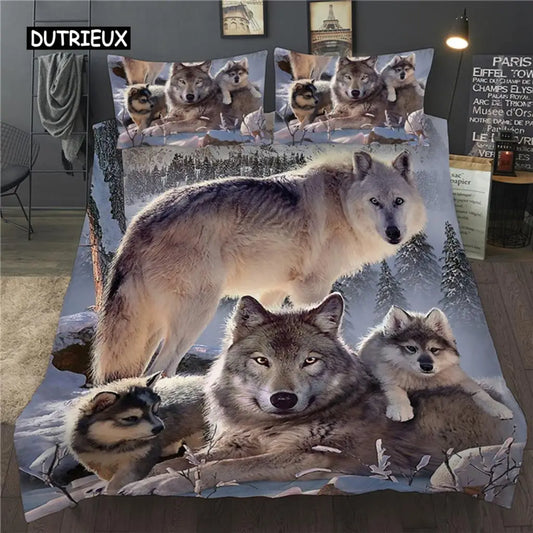 3D Printed Bedding Set Snow Wolf|SPECIFICATIONS High-Concerned Chemical: None Pattern Type: Print Material: Polyester / Cotton Pattern: PRINTED Customized: Yes Technique: Reactive Printing Quantity: 3 pcs Color Fastness (Grade): National Standards size 2: