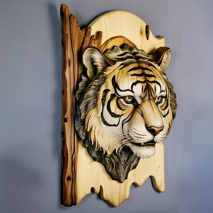 Charming Wooden Wolf & Tiger Head Wall Art - 2D Carved Animal Home Décor