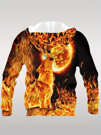 1pc Fashion Hoodie, 3D Printed High-Definition Fire Wolf and Moon Design