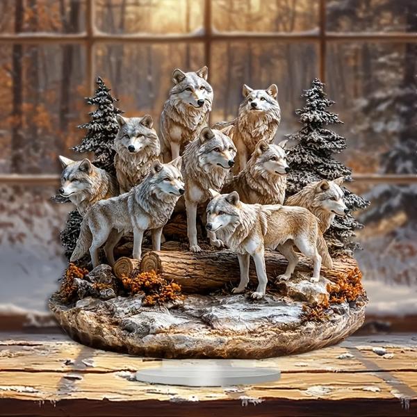 1pc Wolf Pack Sculpture with Stand, Tabletop Animal Themed Decorative Plaque