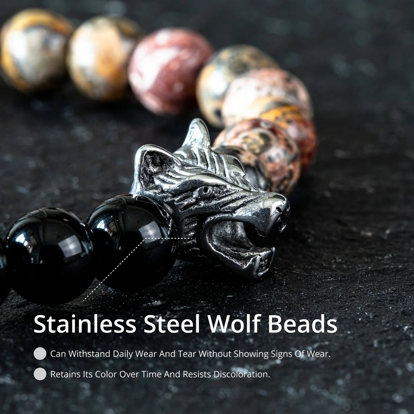 Natural Stone Wolf Head Beaded Bracelet Jewelry